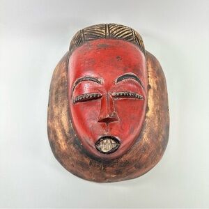Vintage African Style Baule Tribal Hand Carved Wood Mask Wall Hanging Decor